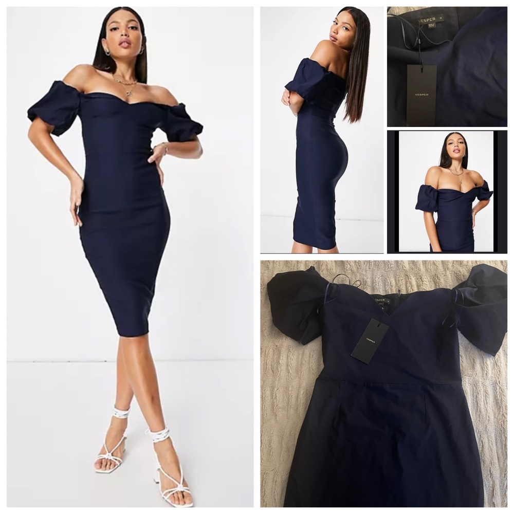 Vesper Tall puff sleeve midi pencil dress in navy blue.